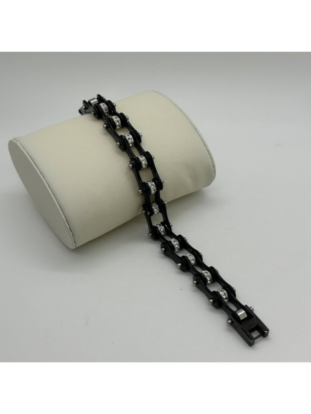 Black Stainless Steel Motorcycle Bike Chain Bracelet With Rhinestone Studs - Picture 9 of 11